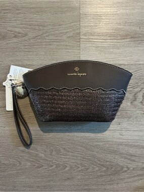 Nanette Lepore dark brown woven wristlet clutch with gold logo